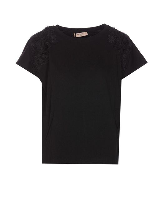 Twin Set Black Cotton T-Shirt With Flower Appliqué