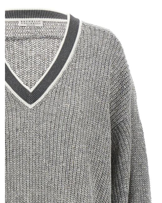 Brunello Cucinelli V-Neck Sweater in Gray | Lyst