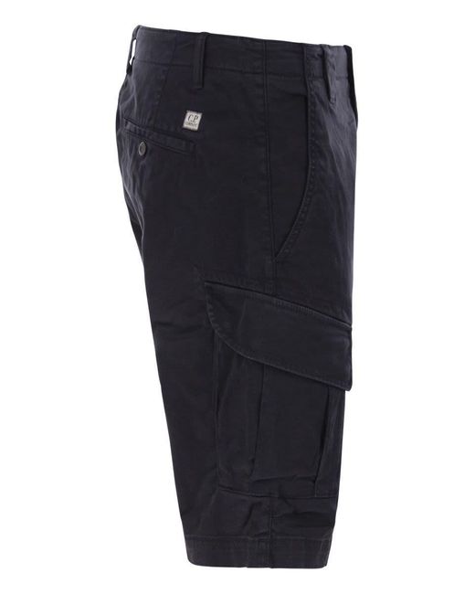 C P Company Black Stretch Cotton Satin Cargo Shorts for men