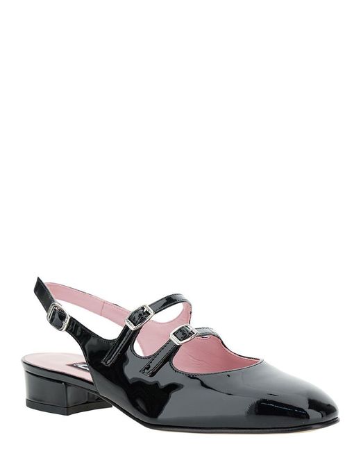 CAREL PARIS White Black Slingback Mary Janes With Block Heel In Patent Leather Woman
