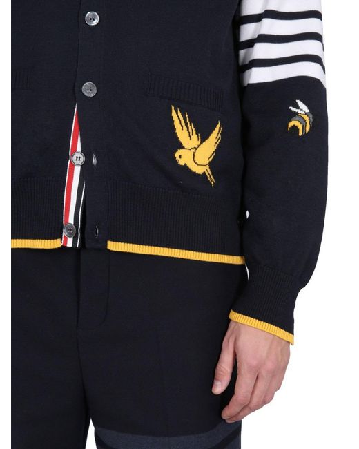 Thom Browne Blue Cardigan With Birds And Bees Inlays for men