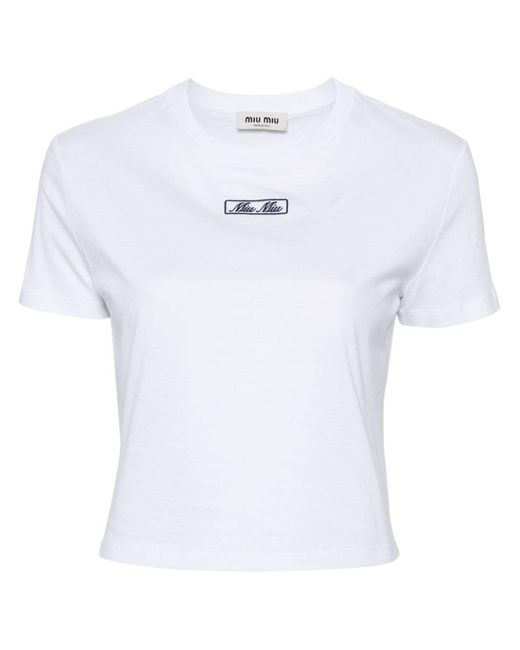 Miu Miu White Logo-embroidered Cotton T-shirt