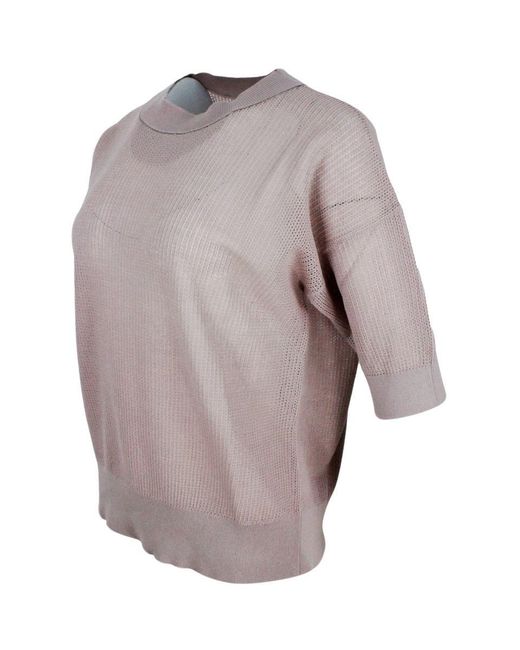 Fabiana Filippi Gray Short-sleeved Round-neck Cotton Blend Sweater With Openwork And Monili On The Neck