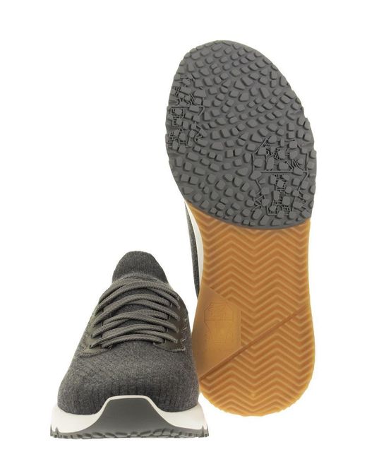 Brunello Cucinelli Gray Runners In Cotton Knit And Semi-glossy Calf Leather for men