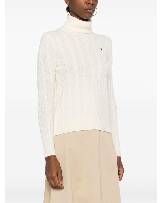 Polo Ralph Lauren White Cable-Knit Wool-Cashmere Blend Turtleneck Sweater