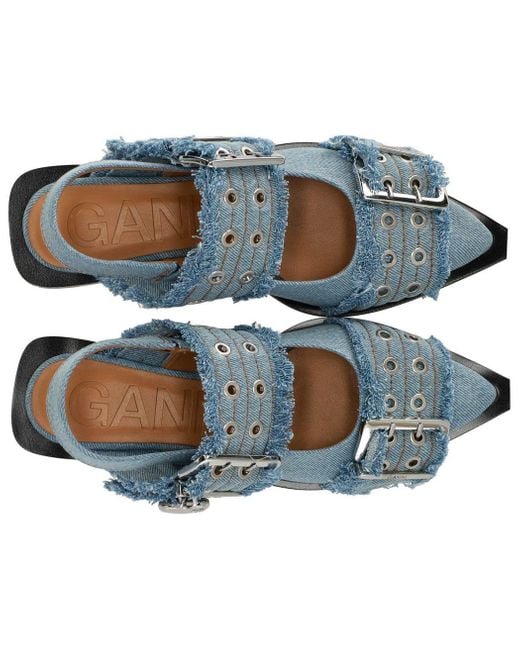Ganni Blue Faded Denim Slingback Ballet Flat Shoe With Buckles