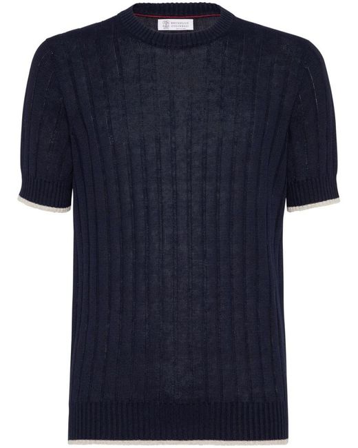 Brunello Cucinelli Blue Linen And Cotton Short Sleeves Sweater for men