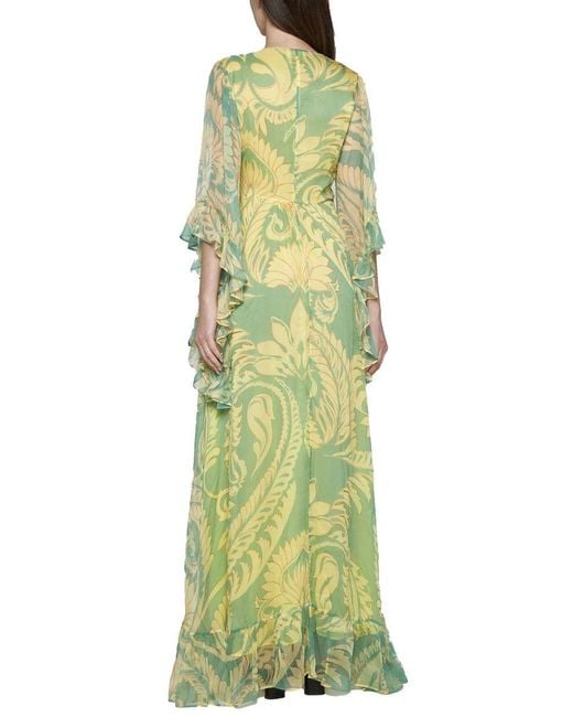Etro Green Silk Dress With Graphic Print