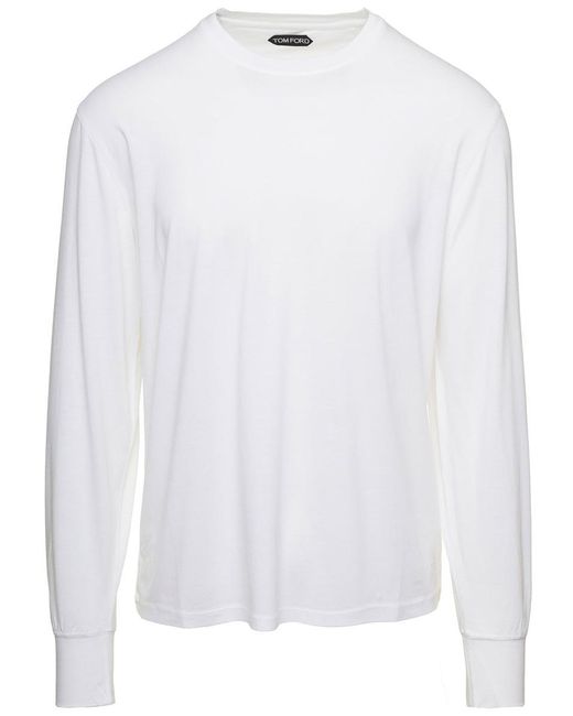 Tom Ford White Long-sleeved Basic T-shirt With Cuffs In Lyocell Blend Man for men