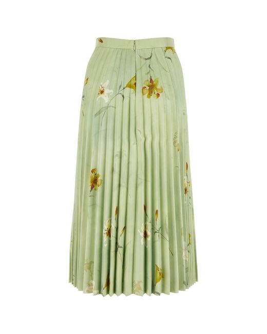 Balenciaga Green Floral-printed Plisse Leather Midi Skirt