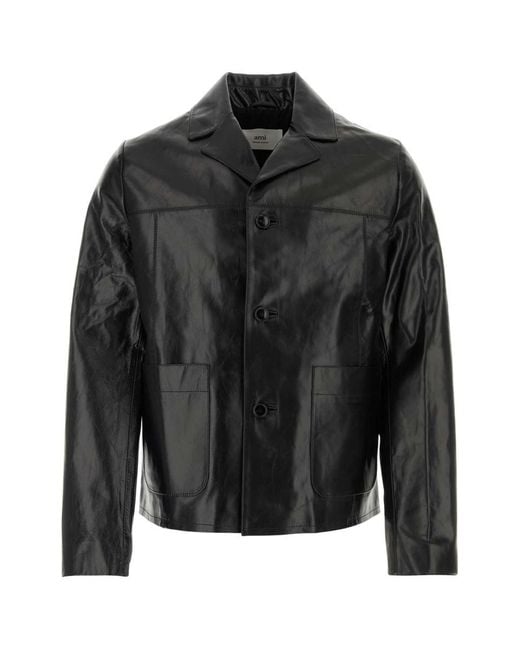 AMI Black Ami Leather Jackets for men