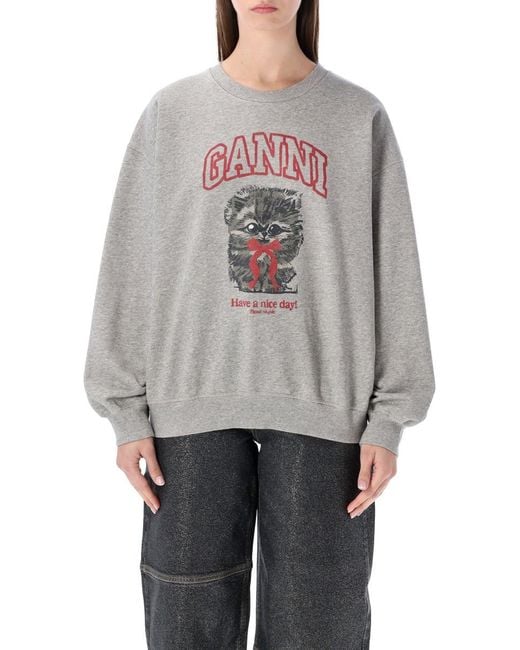Ganni Gray Kitty Graphic Sweatshirt