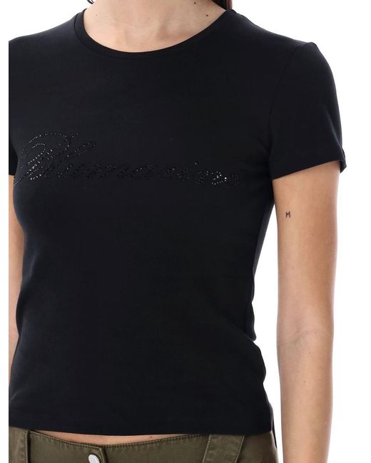 Blumarine Black Rhinestones Logo T-Shirt