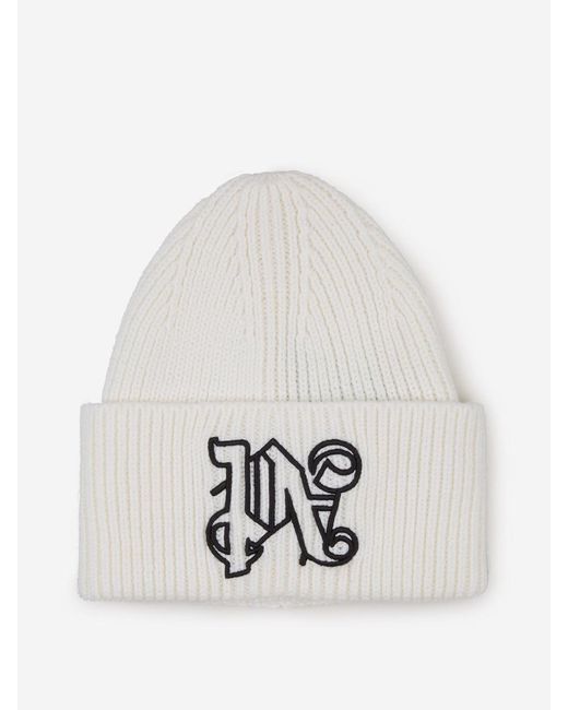 Palm Angels White Embroidered Logo Beanie for men