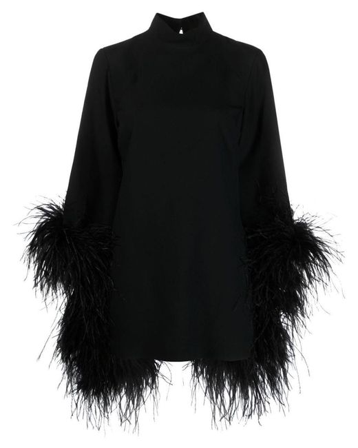 ‎Taller Marmo Black Mini Del Rio Feather Trimmed Sleeves Dress