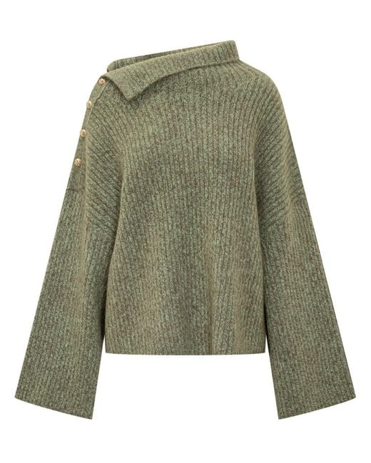 Ganni Green Sweater With Buttons On Shoulder