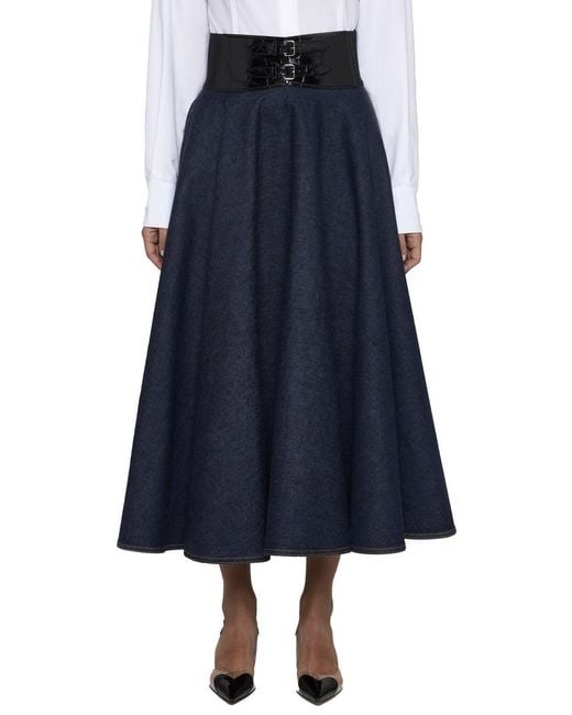 Alaïa Blue Belted Denim Midi Skirt
