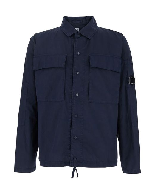 C P Company Blue Jacket With Classic Collar And Logo Patch On The Sleeve for men