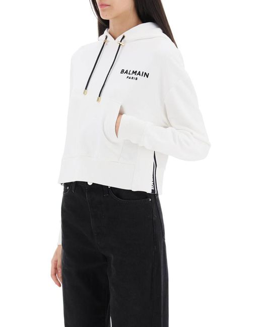 Balmain White Cropped Sweatshirt With Flocked Logo Print