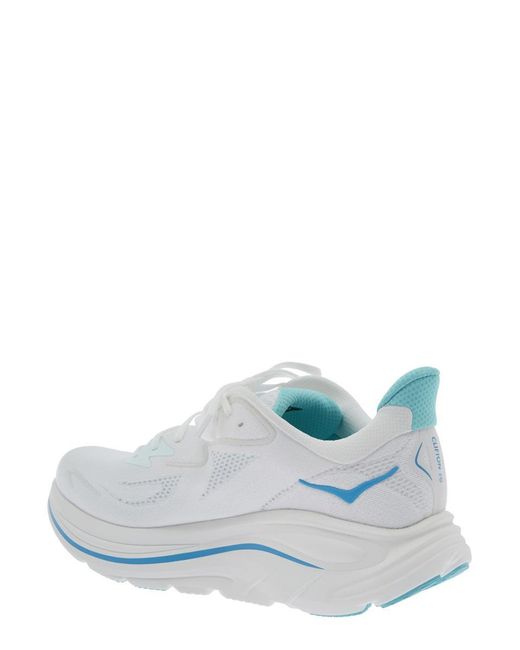 Hoka One One White 'Clifton 10' Low Top Sneakers With Logo Lettering On The Side And Logo Patch On The Tongue