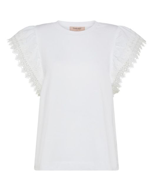 Twin Set White Cotton T-Shirt With Short Sleeves And Embroidery