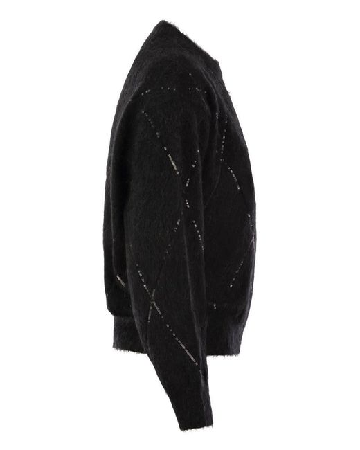 Brunello Cucinelli Black Mohair, Wool, Cashmere And Silk Sweater With Dazzling Argyle Embroidery