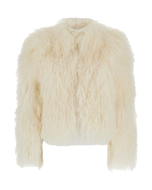 Plain Natural White Cropped Fur Jacket With Concealed Front Closure In Shearling Fur Woman