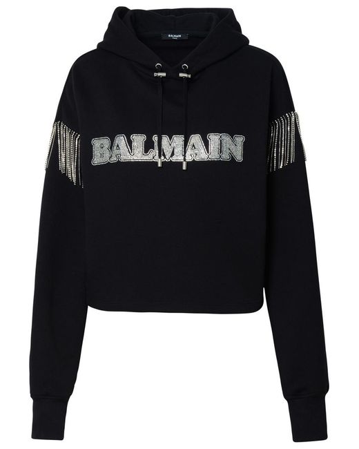 Balmain Black Cropped Hoodie With Rhinestone-studded Logo And Crystal Cupchains