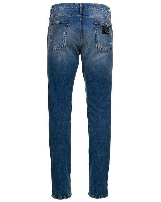Dolce & Gabbana Blue E Distressed Slim-fit Jeans In Cotton Denim Man Dolce & Gabbana for men