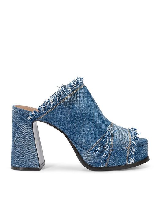 Ash Blue Denim Fabric Mules With Wide Heel