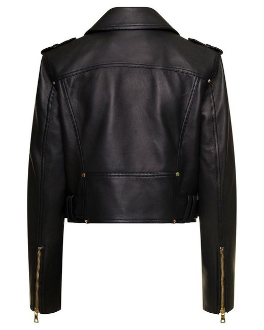 Balmain Cropped Belted Leather Biker Jacket In Faux Leather Woman in Black  | Lyst