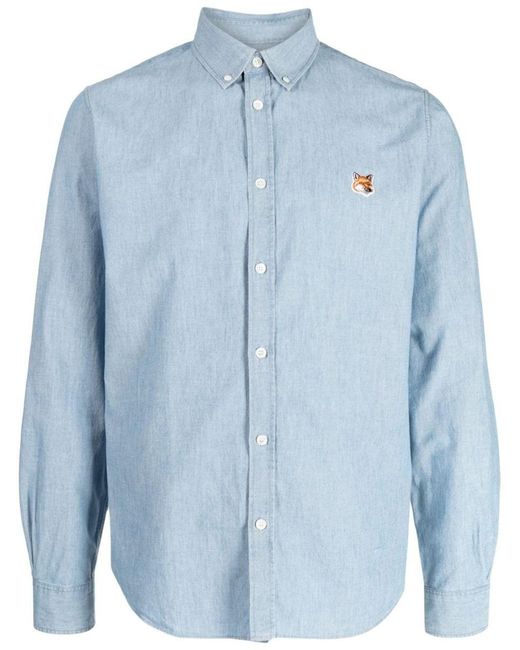 Maison Kitsuné Fox-head Patch Cotton Shirt in Blue for Men | Lyst