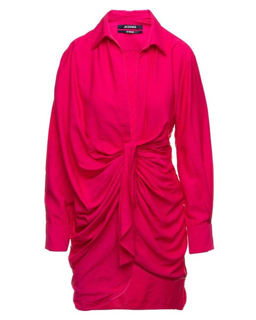 Jacquemus Pink 'La Robe Bahia' Fuchsia Short Draped Shirt Dress
