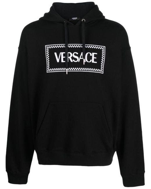 Versace Black Hoodie With Contrasting Logo Lettering Print In Cotton for men