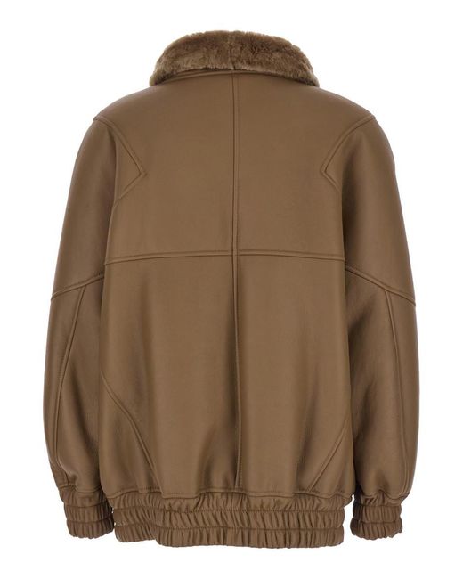 Blancha Brown Bomber Jacket With Fur Collar And Patch Pockets