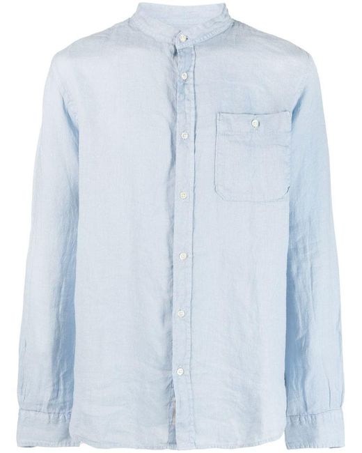 Woolrich Blue Linen Shirt With Mandarin Collar for men
