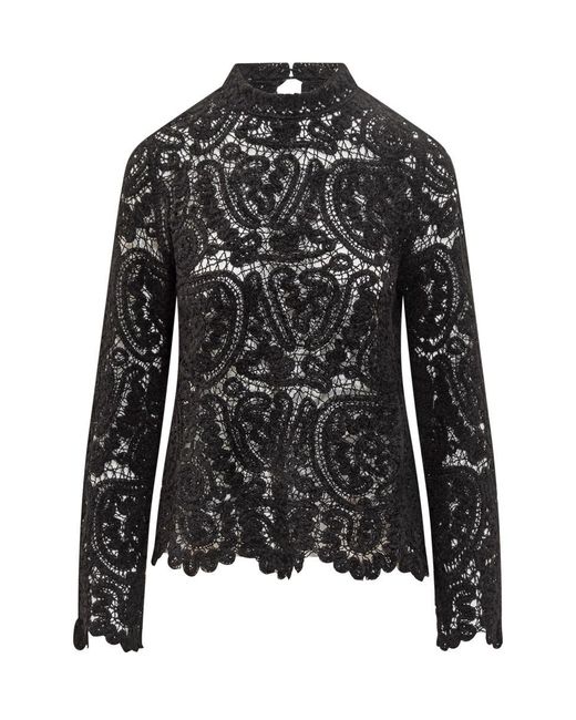Loulou de Saison Women's Black Long Sleeve Lace Top