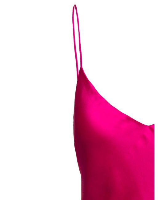 Plain Pink Midi Fuchsia Slip Dress With Spaghetti Straps Woman