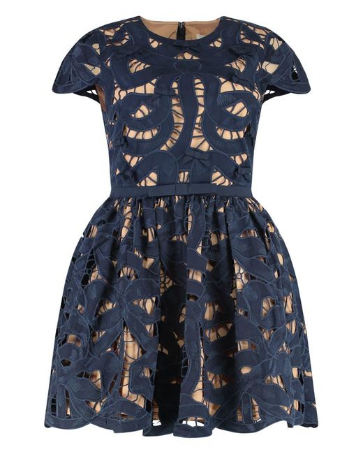 self portrait embroidered dress Bow Embroidered Mini Dress Navy