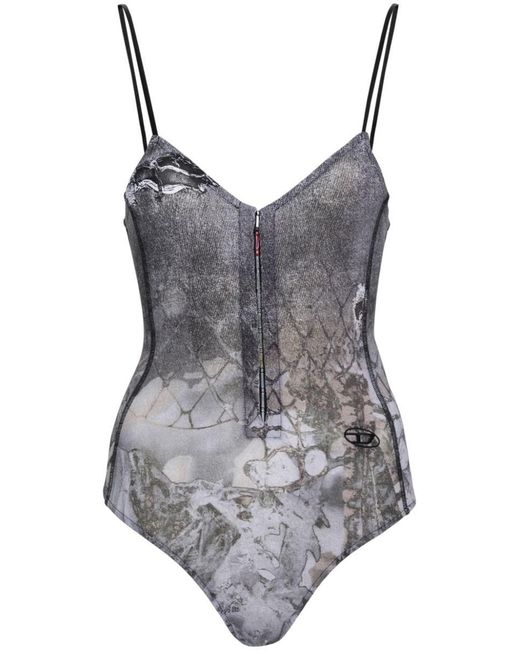 DIESEL Gray T-Lye-N1 Strappy Bodysuit With Abstract Print