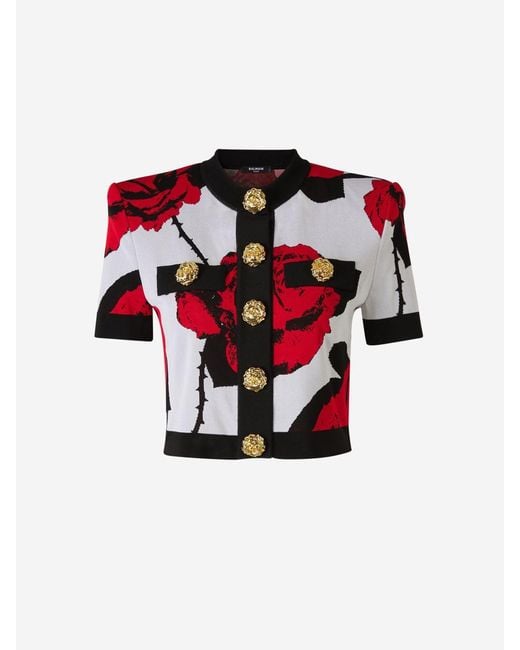Balmain Red Floral Motif Knitted Top