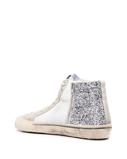 Golden Goose Deluxe Brand White Women's Slide Glitter, Mesh And Suede High-top Trainers