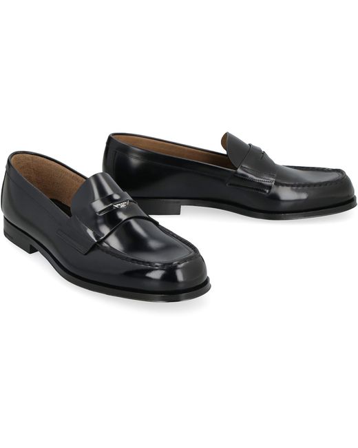 Prada Black Brushed Leather Loafers With Metal Logo for men