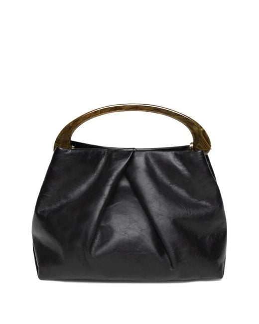 Dries Van Noten Black Pleated Leather Handbag With Resin Top Handle