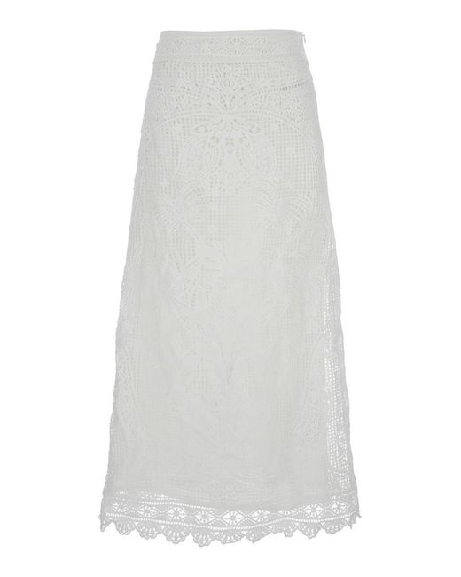 Farm Rio White Embroidered Long Skirt