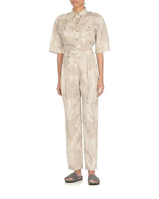 Brunello Cucinelli Natural Ramage Print Linen Slouchy Trousers