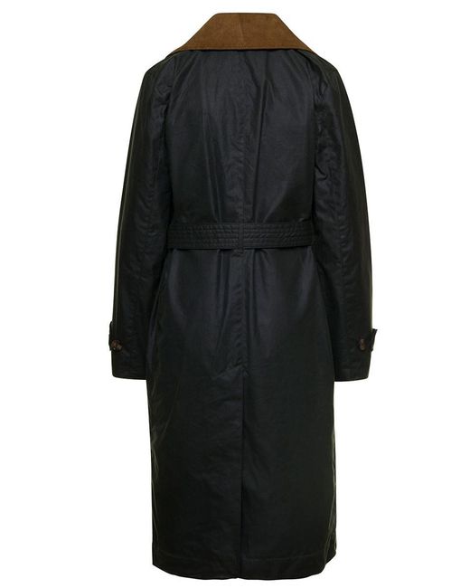Barbour 'simone' Black Belted Trench Coat With Corduroy Revers In Waxed Cotton Woman