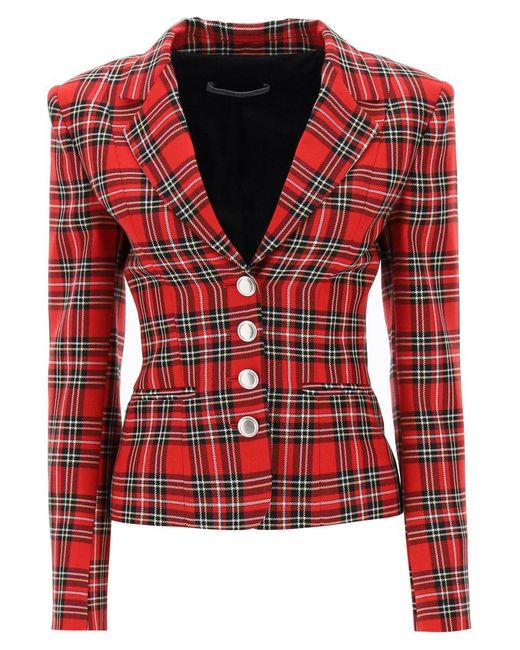 Alessandra Rich Red Wool Single-breasted Jacket With Tartan Motif