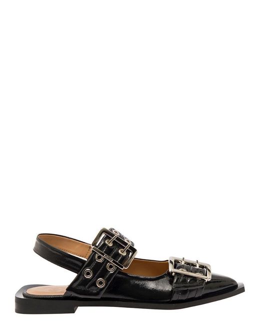 Ganni Black Slingback Ballet Flats With Chunky Buckle In Recycled Polyester Blend