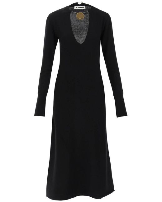 Jil Sander Black Wool Knit Midi Dress With Necklace
